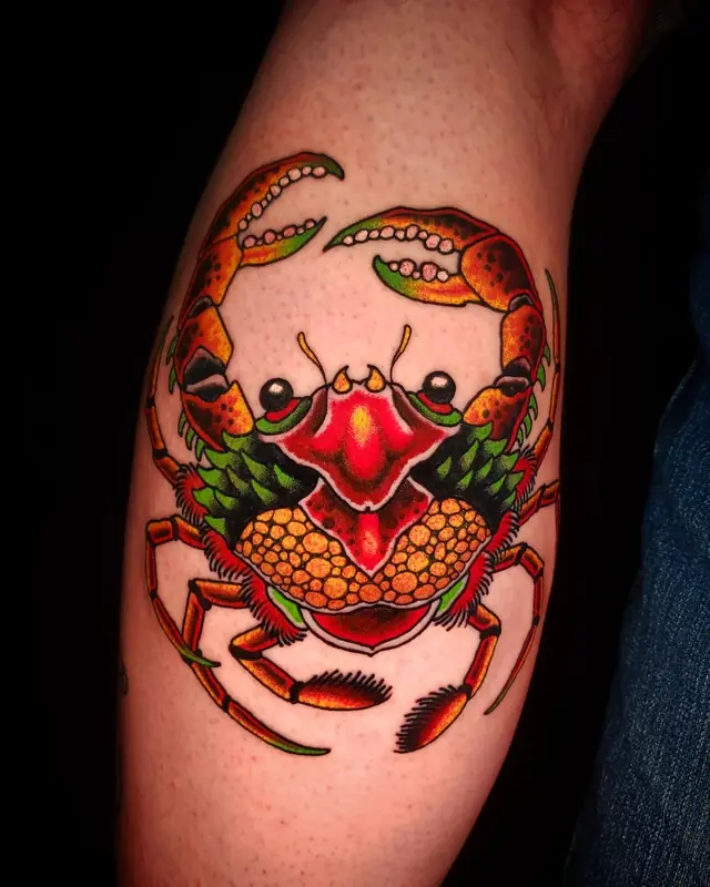 Traditional color crab by Chris Carp at Heart & Sword Tattoo