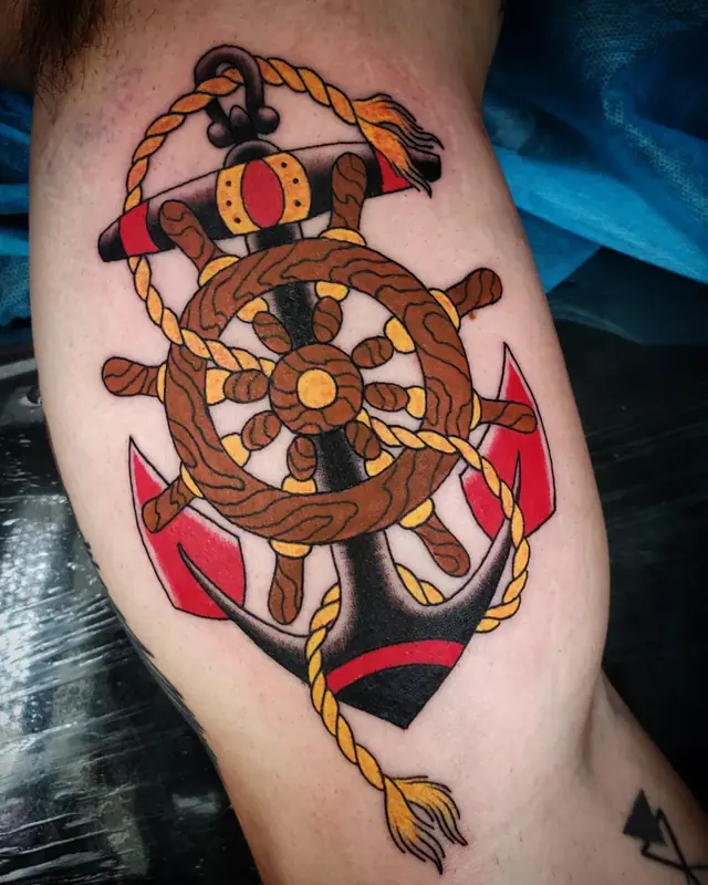 Traditional anchor and ship wheel by Chris Carp at Heart & Sword Tattoo