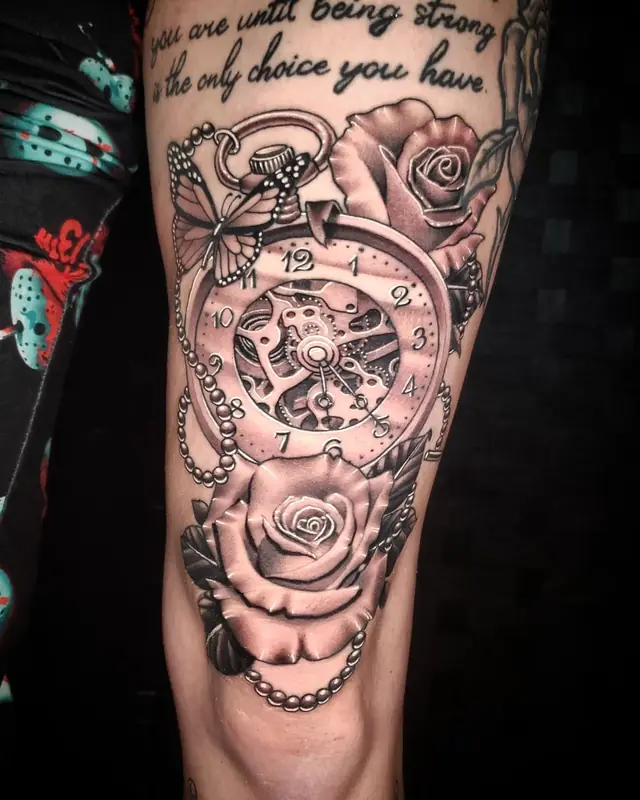 Black and gray pocket watch, roses and script by Chris Carp at Heart & Sword Tattoo