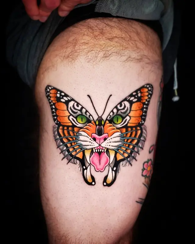 Traditional tiger-butterfly by Chris Carp at Heart & Sword Tattoo