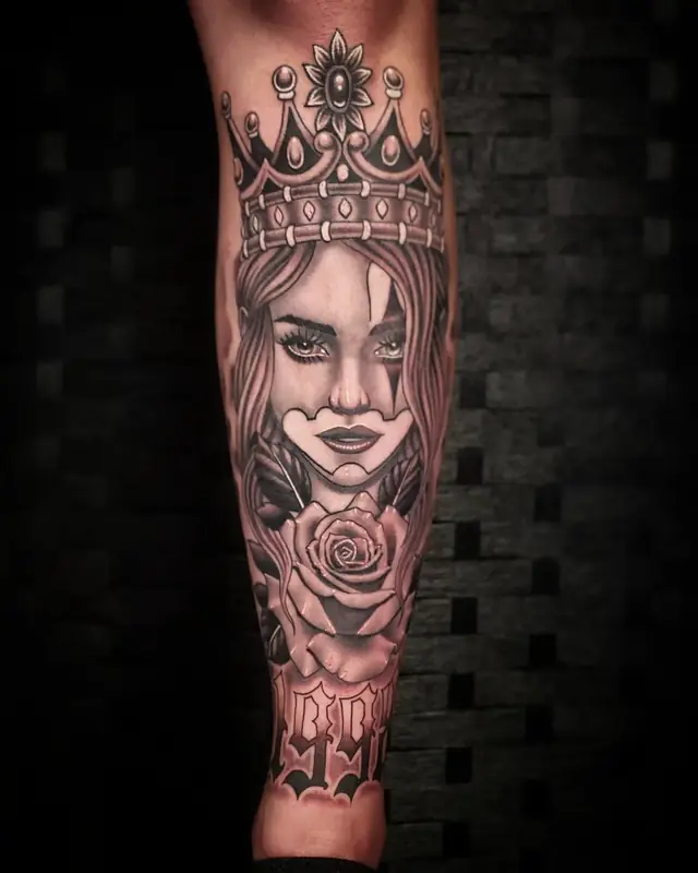Black and gray queen portrait with crown and rose by Chris Carp at Heart & Sword Tattoo