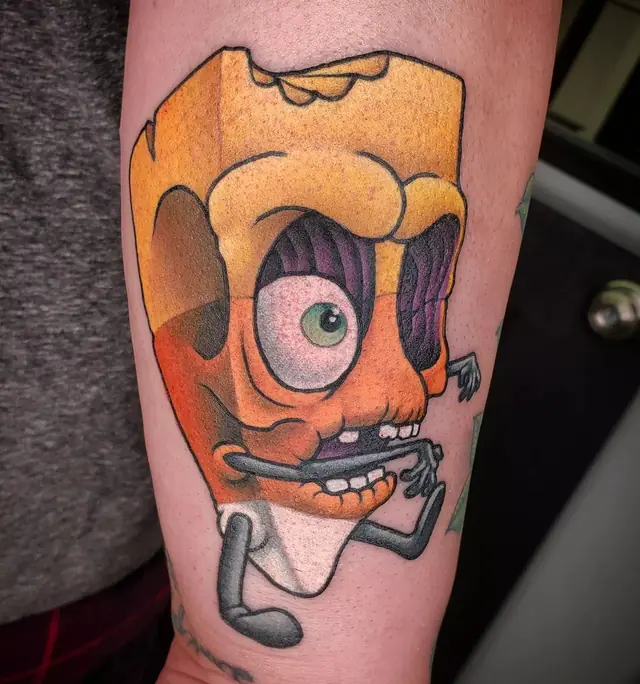 Neo-traditional cartoon sponge character by Chris Carp at Heart & Sword Tattoo