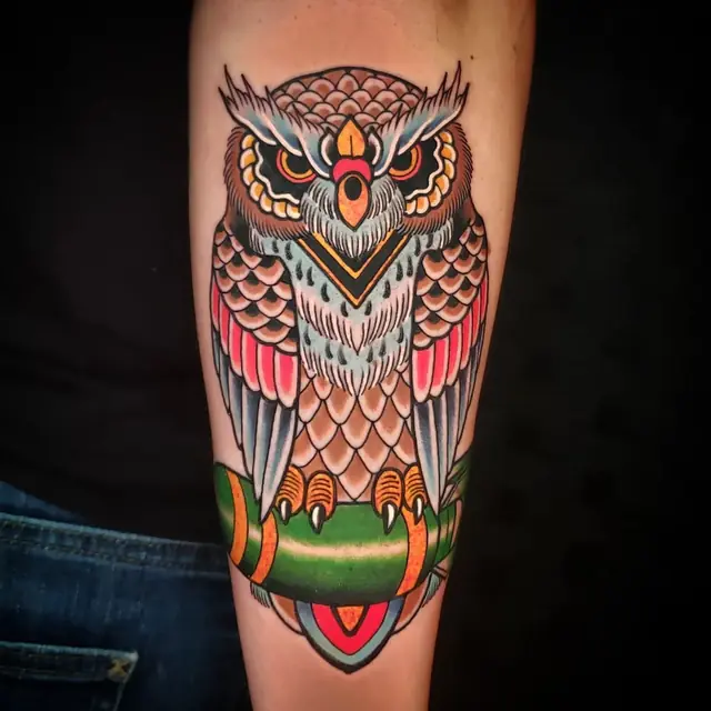 Traditional color owl tattoo by Chris Carp at Heart & Sword Tattoo