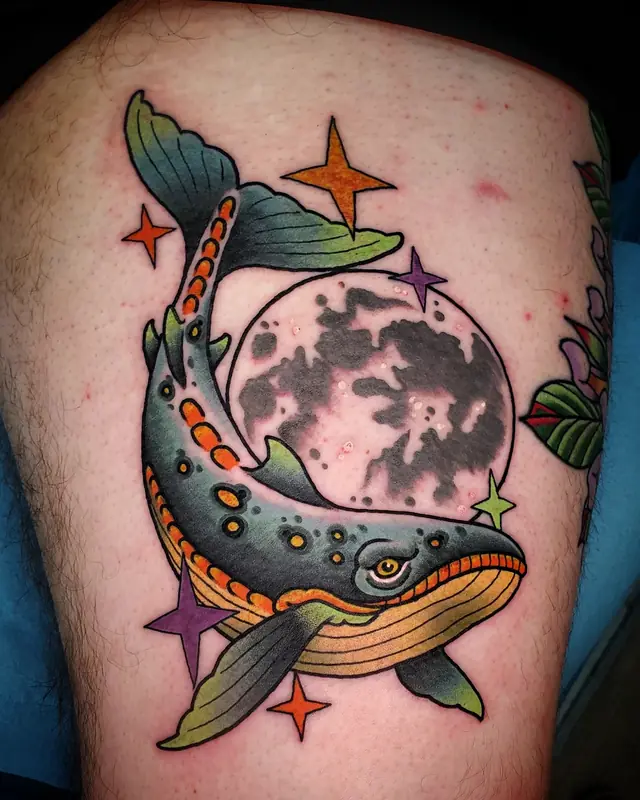 Neo-traditional whale and full moon tattoo by Chris Carp at Heart & Sword Tattoo