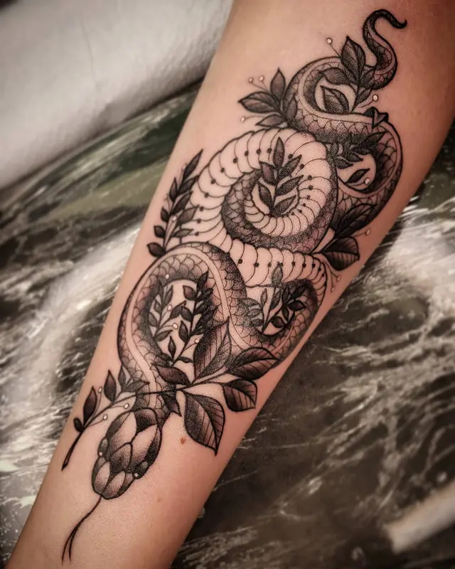 Black and gray snake with botanicals by Chris Carp at Heart & Sword Tattoo