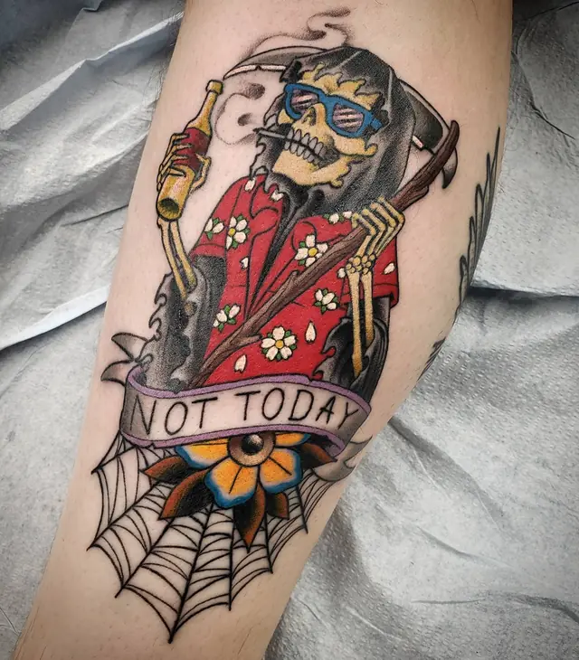 Reaper in a Hawaiian shirt with 'Not Today' banner and spiderweb by Chris Carp at Heart & Sword Tattoo