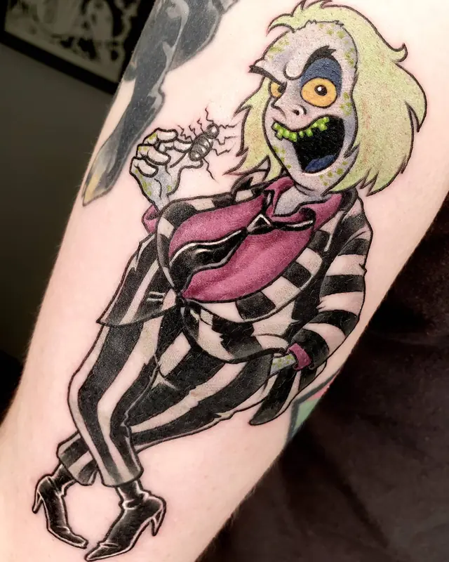 Cartoon ghost character in a striped suit by Chris Carp at Heart & Sword Tattoo