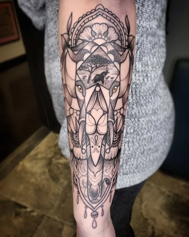 Ornamental black and gray elephant by Chris Carp at Heart & Sword Tattoo