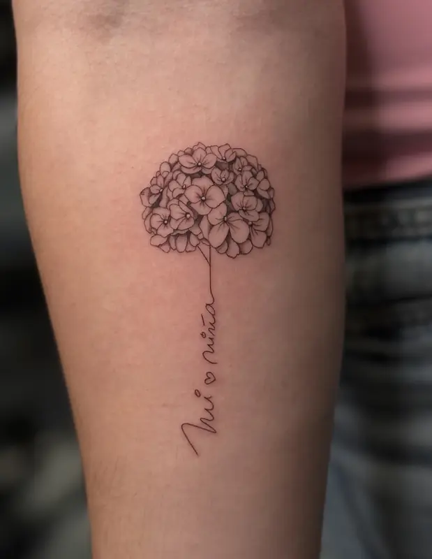 Fine line hydrangea with script by Dina at Heart & Sword Tattoo